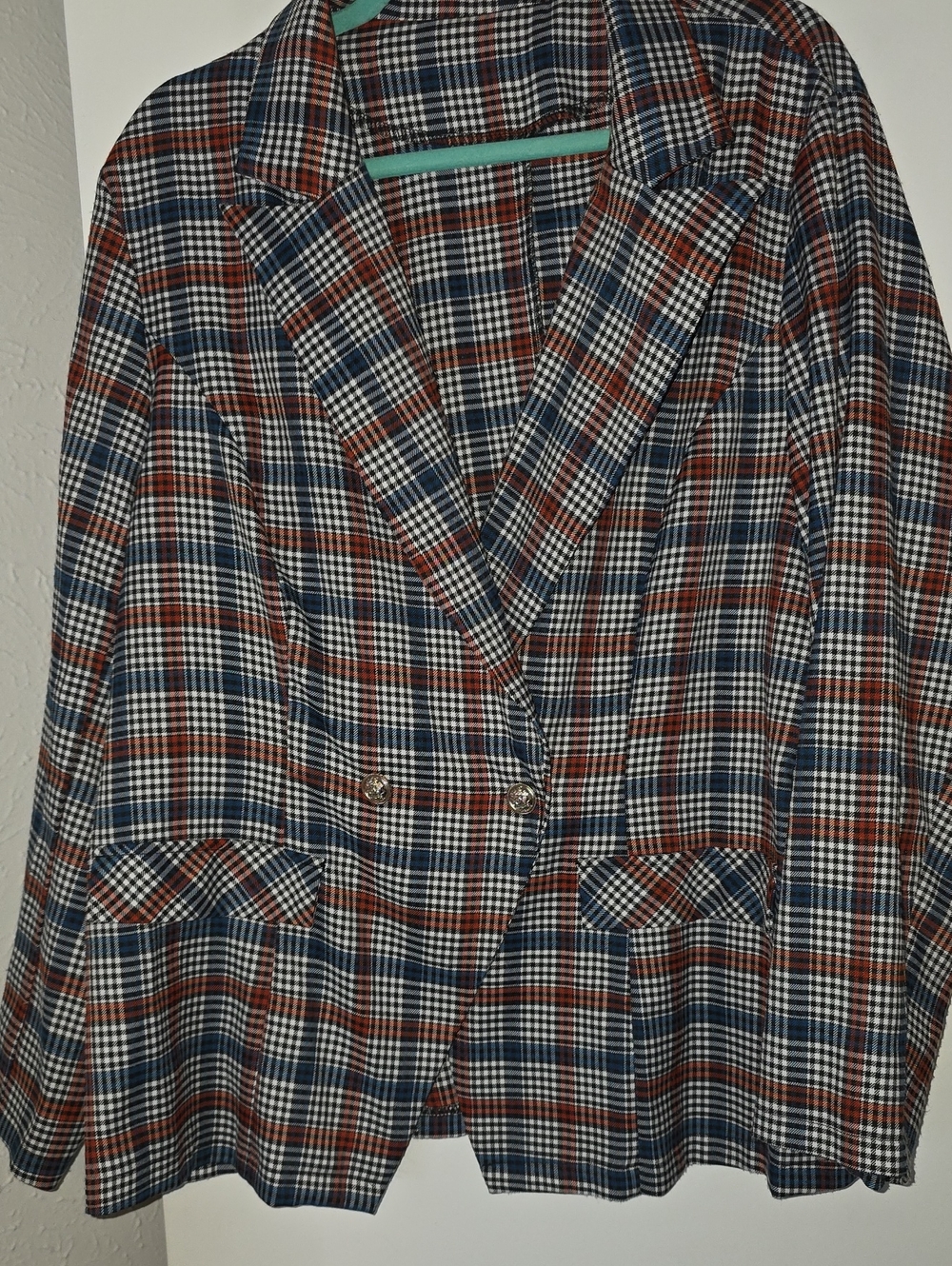 SHEIN Navy, Brown & White Plaid Double-Breasted Blazer